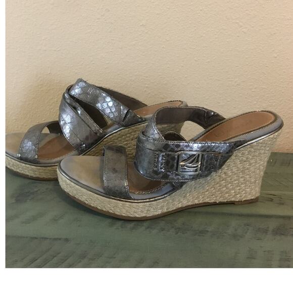Sperry Top Sider Size 8 B 3 1/2" Rope Jute Wedge Heels Silver Snake Skin Straps - Picture 3 of 7